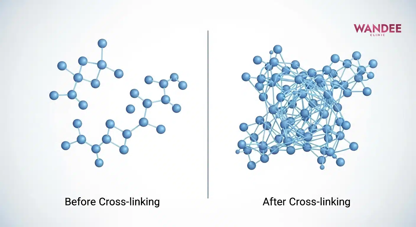 ภาพเปรียบเทียบไฮยาลูโรนิกแอซิดก่อนและหลัง cross-link แสดงโครงสร้างเจลที่คงรูปขึ้น