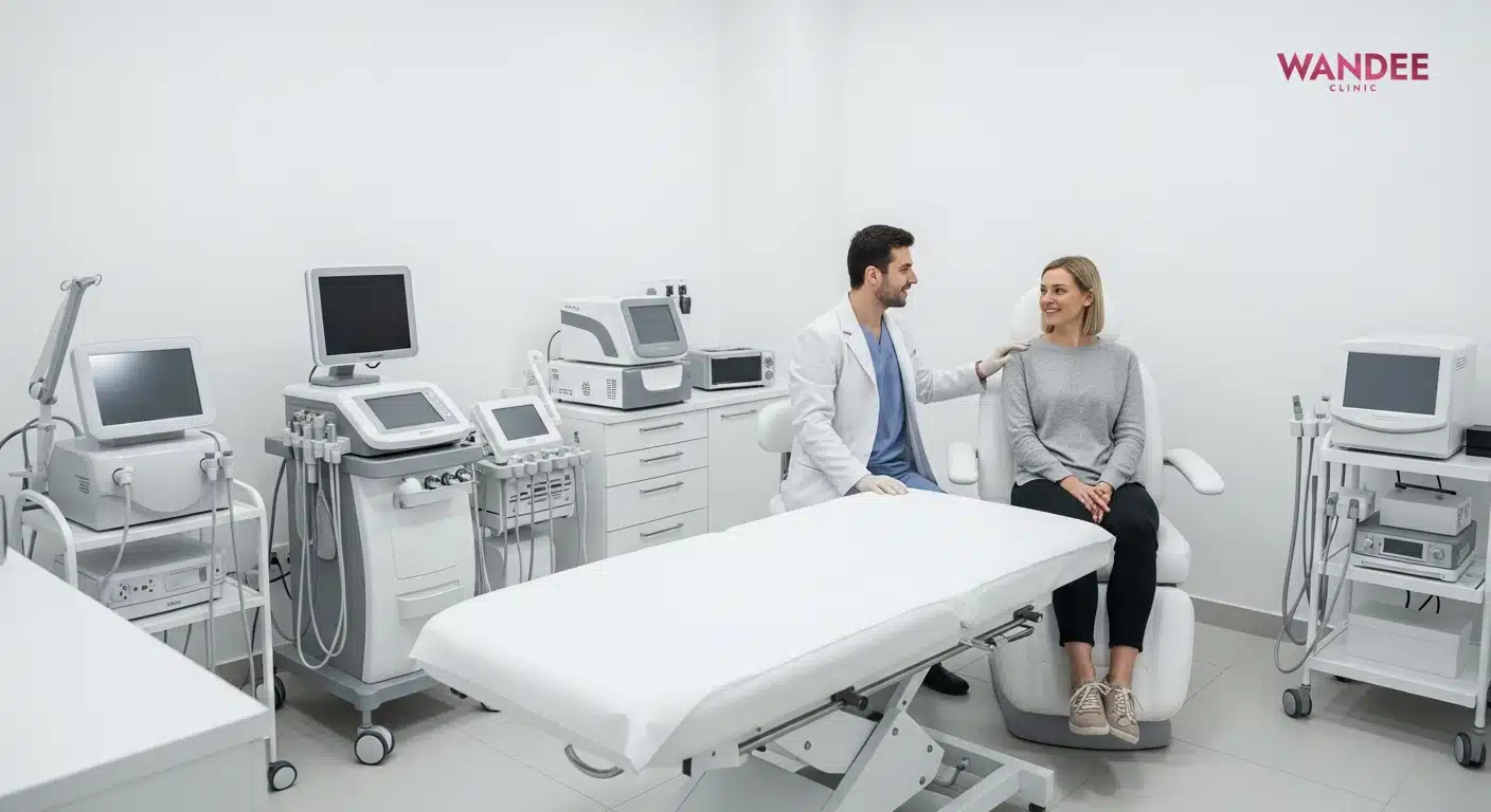 ภาพคลินิกความงามที่ได้มาตรฐาน แสดงห้องรักษาสะอาด อุปกรณ์ทางการแพทย์ และการดูแลโดยแพทย์