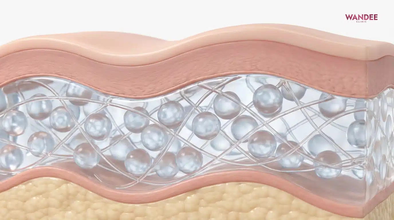 ภาพเรนเดอร์ 3D แสดงฟิลเลอร์ HA หลังเข้าที่แล้ว เจลกระจายตัวในชั้นผิวและกลืนกับโครงข่ายคอลลาเจน ทำให้ผิวดูเรียบเนียนขึ้น