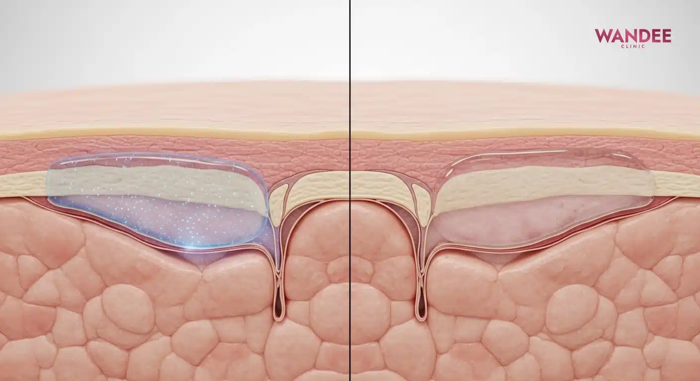 ภาพ 3D เปรียบเทียบฟิลเลอร์วางตื้นในผิวบางที่เห็นขอบและโทนสี กับการวางชั้นลึกที่ดูเรียบเนียนกว่า