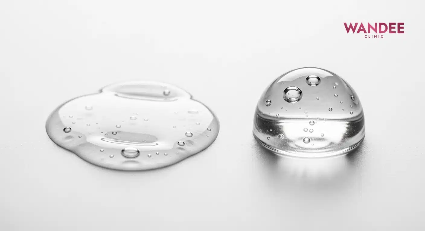 ภาพหยดเจลใสสองหยดบนพื้นสีขาว หยดซ้ายแผ่บางไหลออก หยดขวาเป็นโดมคงรูป เพื่ออธิบายความต่างของเจลฟิลเลอร์ตามระดับ cross-link