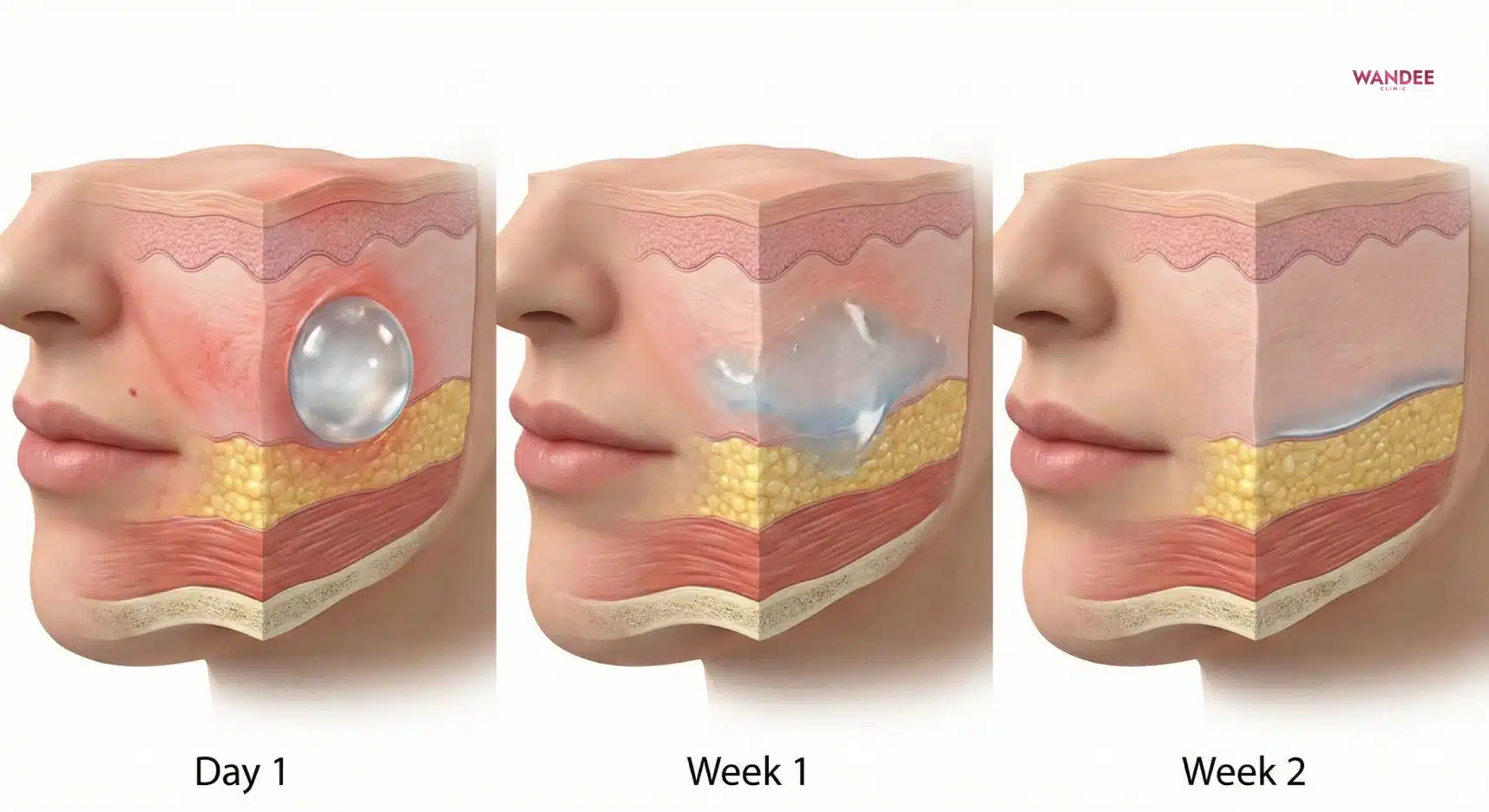 ภาพจำลองสามมิติไทม์ไลน์ฟิลเลอร์หลังฉีด ตั้งแต่ช่วงบวมวันแรกจนถึงผลลัพธ์เข้าที่ประมาณ 14 วัน เห็นชั้นผิวและการกระจายตัวของเจลใต้ผิว