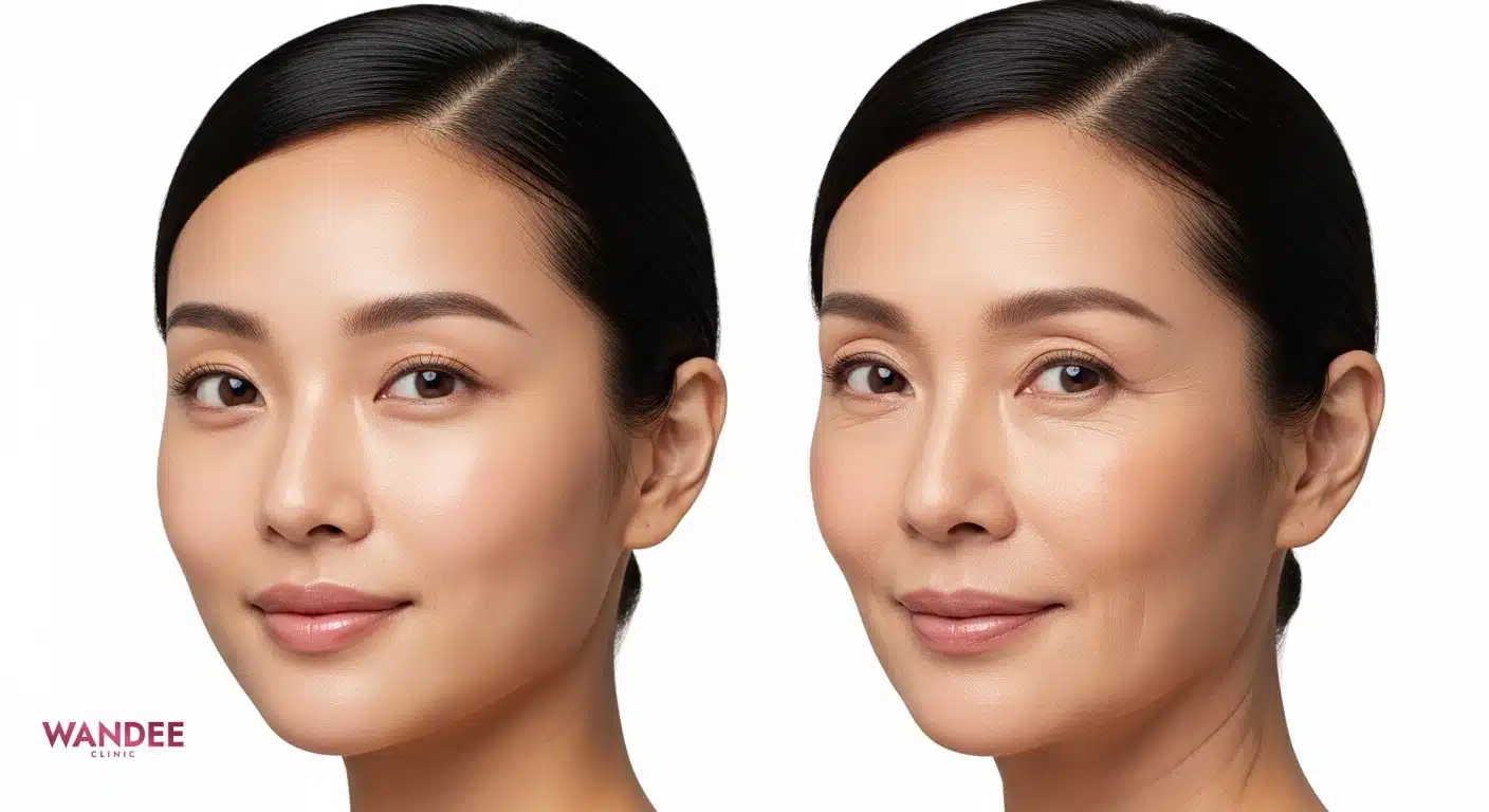 ภาพผิวสองวัยแบบเรียบหรู แสดงความแน่นของผิวแตกต่างกันอย่างสุภาพ ไม่ตีตรา