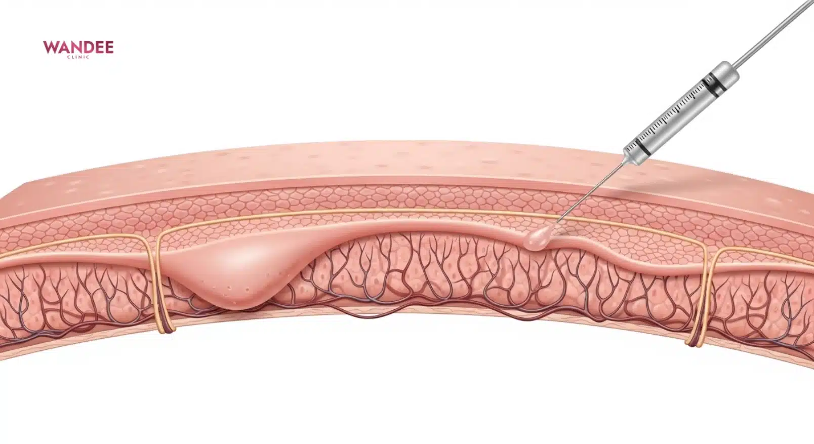 ภาพเข็มฉีดฟิลเลอร์แบบสัญลักษณ์ทางการแพทย์ แสดงเจลกระจายตัวใต้ผิวอย่างสม่ำเสมอ