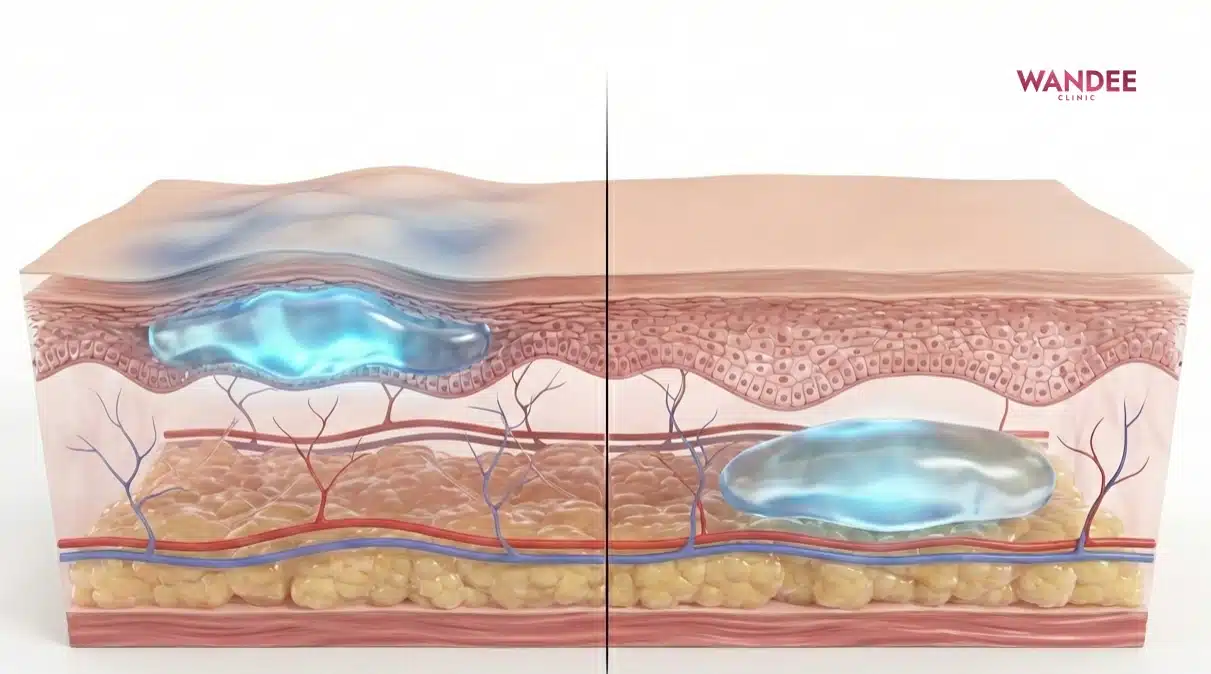 ภาพสามมิติแสดงฟิลเลอร์ HA วางในชั้นผิวที่เหมาะสมและกลืนกับเนื้อเยื่อเพื่อผลลัพธ์ดูธรรมชาติ
