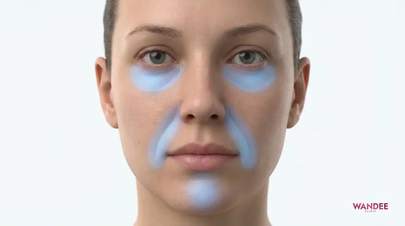 ภาพสามมิติระบุโซนใบหน้าที่มักกังวลเรื่องฟิลเลอร์ไหลหรือทรงเปลี่ยน ได้แก่ ใต้ตา ร่องแก้ม และคาง