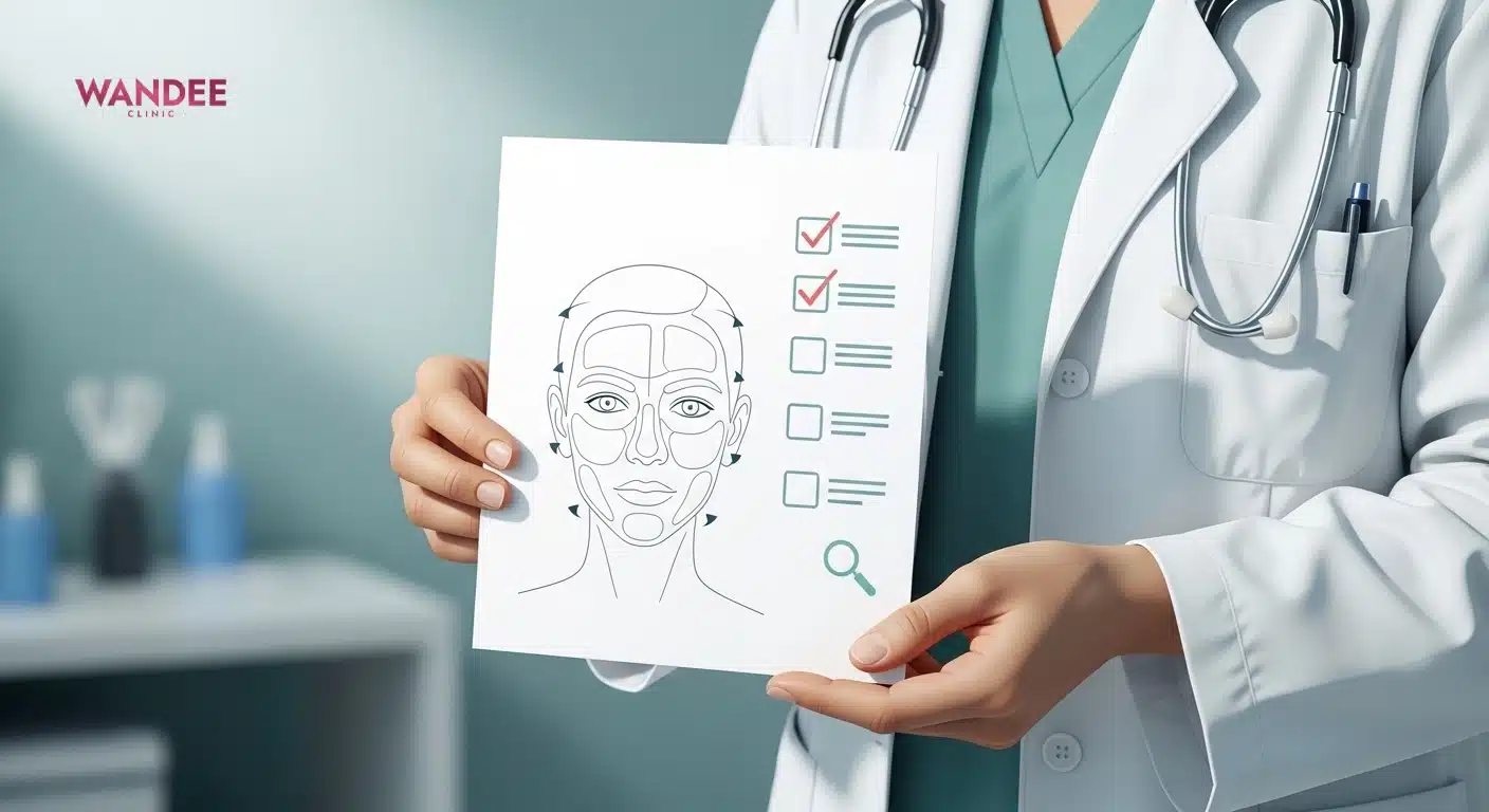 ภาพคอนเซ็ปต์การประเมินก่อนฉีดฟิลเลอร์โดยแพทย์พร้อมเช็คลิสต์ความปลอดภัย