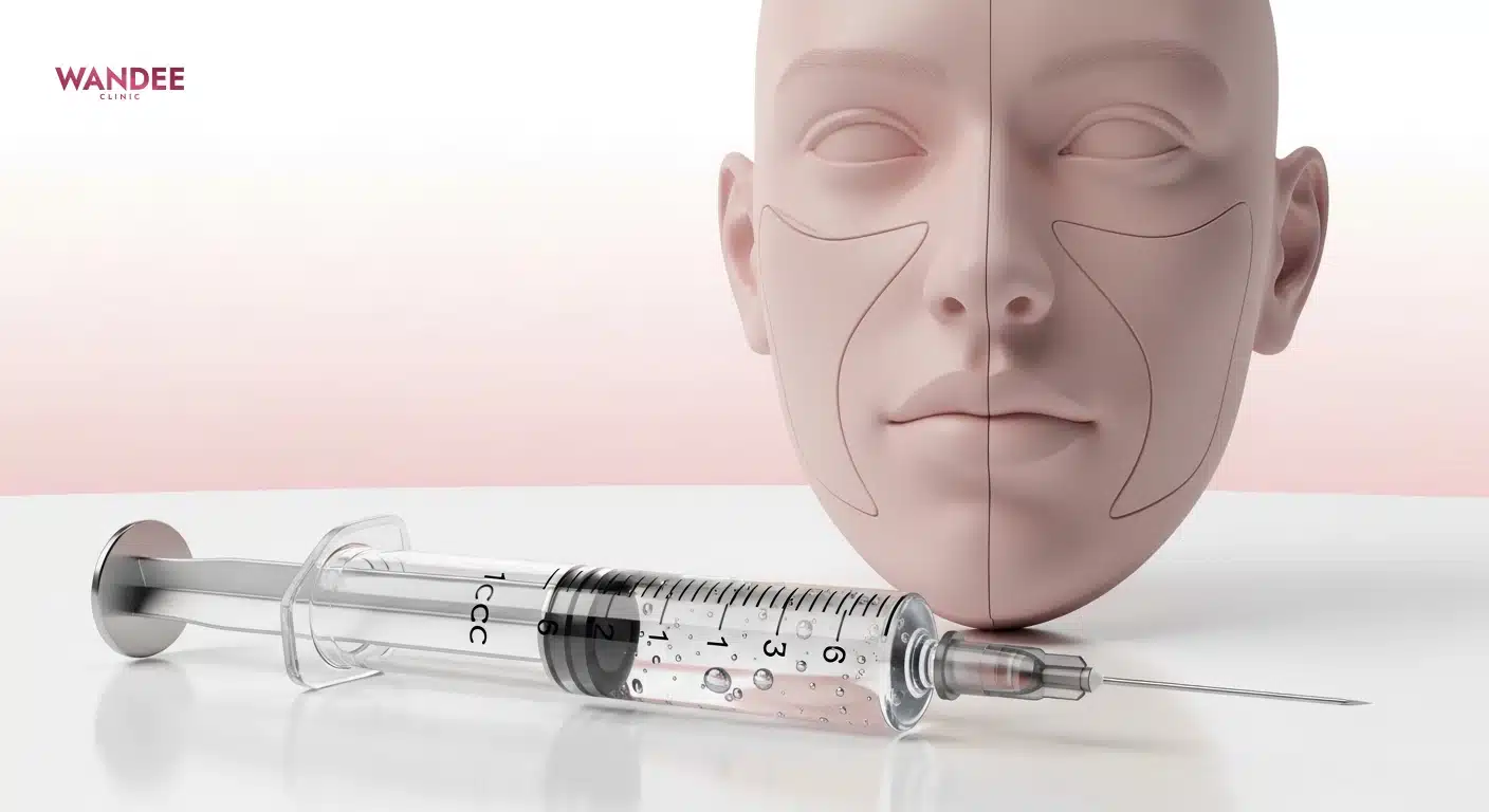 ภาพปกแสดงไซริงค์ 1cc และโครงหน้าแบบการแพทย์ สื่อการวางแผนฟิลเลอร์ให้ผิวดูเนียน