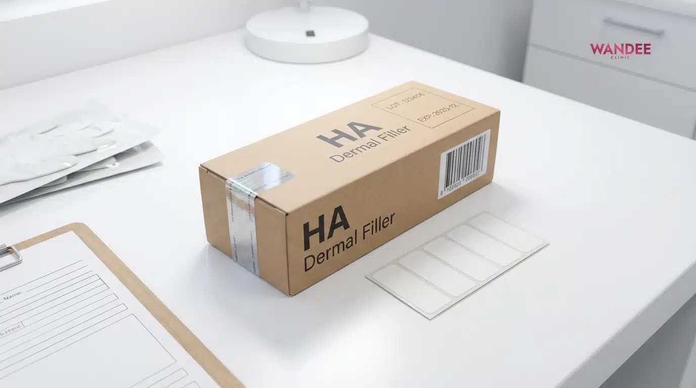 ภาพปกแสดงการตรวจฟิลเลอร์แท้ก่อนฉีด โดยดูซีลกล่อง เลขล็อต วันหมดอายุ บาร์โค้ด และสติกเกอร์บันทึกข้อมูล