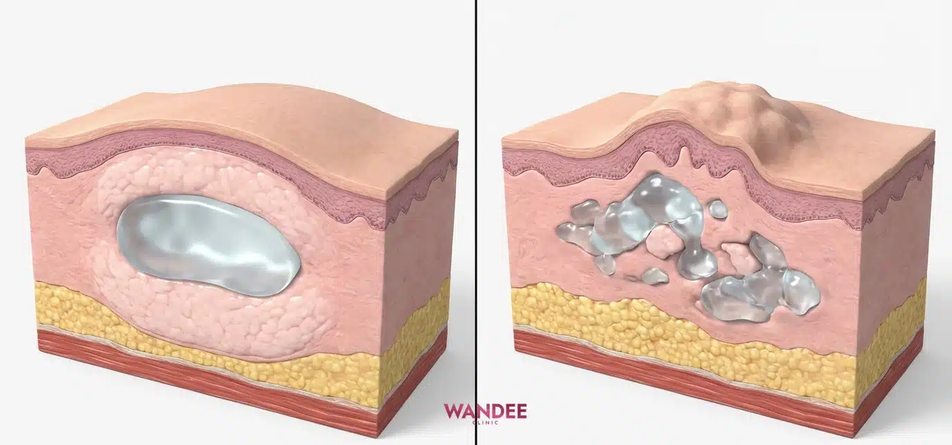 ภาพเปรียบเทียบแบบสามมิติระหว่างบวมหลังฉีดฟิลเลอร์กับการเคลื่อนตัวของฟิลเลอร์ที่ทำให้เกิดก้อนหรือสัน