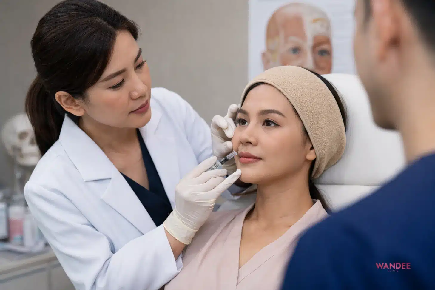 แพทย์ประเมินโครงสร้างร่องแก้มก่อนฉีดฟิลเลอร์