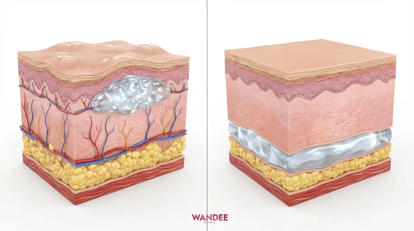 ภาพสามมิติแสดงฟิลเลอร์ HA วางในชั้นผิวที่เหมาะสมและกลืนกับเนื้อเยื่อเพื่อผลลัพธ์ดูธรรมชาติ
