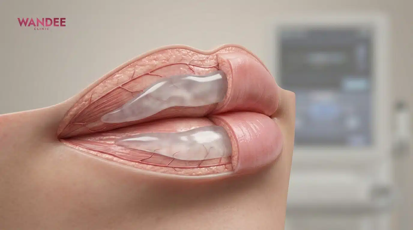 ภาพ 3D medical แสดงโครงสร้างริมฝีปากและชั้นที่วางฟิลเลอร์เพื่อให้ปากอิ่มอย่างเป็นธรรมชาติ