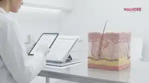 ภาพ 3D medical แสดงแพทย์ประเมินประวัติยาและโรคประจำตัวก่อนฉีดฟิลเลอร์ เพื่อคัดกรองความเสี่ยง