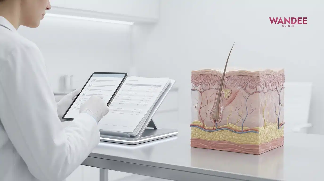 ภาพ 3D medical แสดงแพทย์ประเมินประวัติยาและโรคประจำตัวก่อนฉีดฟิลเลอร์ เพื่อคัดกรองความเสี่ยง