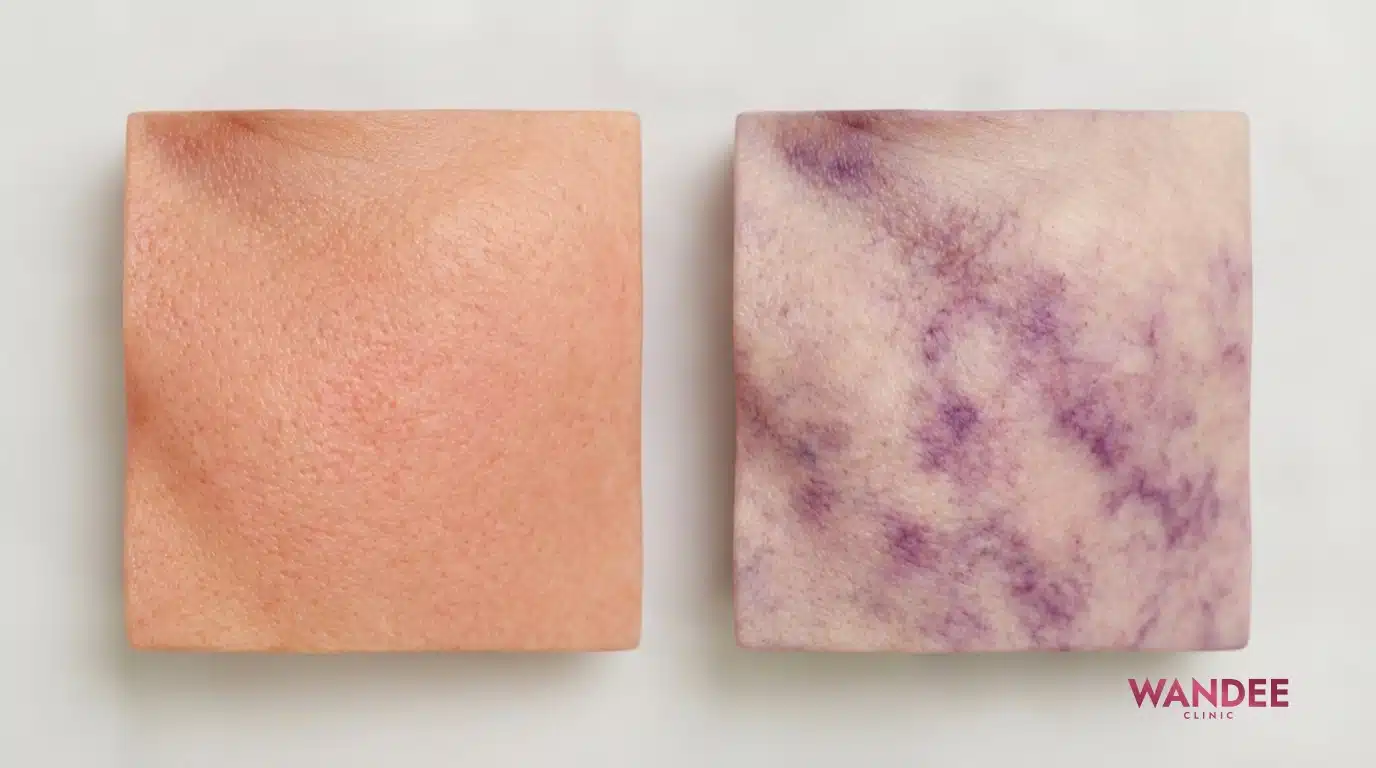 ภาพ 3D medical แสดงผิวซีดเป็นปื้นและลายสีคล้ำบนผิวหน้า เปรียบเทียบกับผิวปกติ เพื่อสื่อสัญญาณเตือนเลือดไปเลี้ยงลดลง