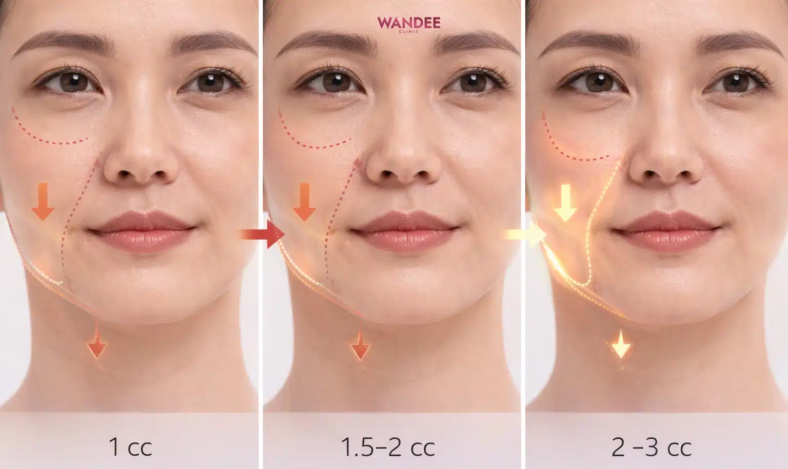 ภาพแสดงร่องแก้มตื้น ปานกลาง ลึก และการเลือก cc ที่เหมาะสม