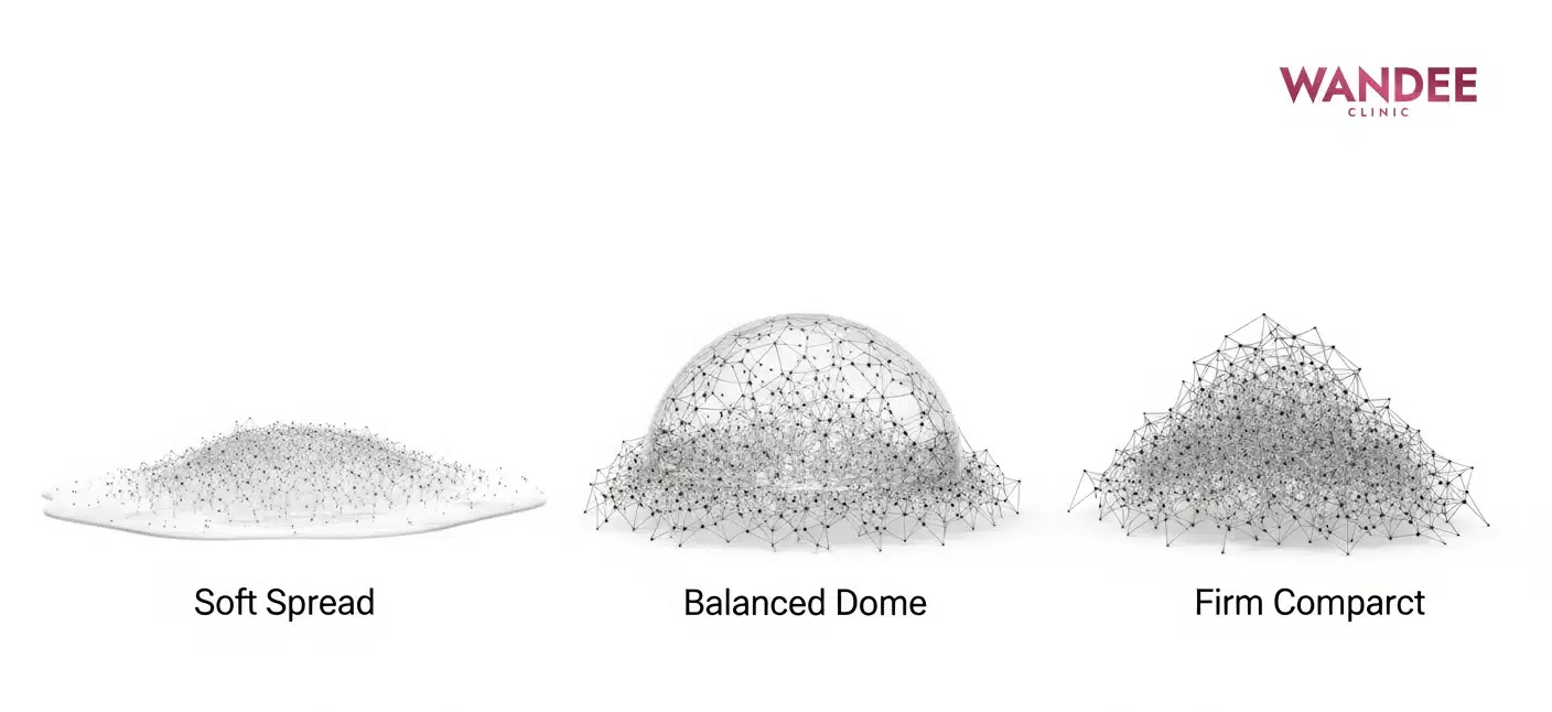 ภาพนี้สื่อ “พฤติกรรมของฟิลเลอร์” 3 แบบ ตั้งแต่นิ่มที่กระจายตัวได้ดี ไปจนถึงเนื้อแน่นที่คงรูปและพยุงได้มากขึ้น โดยการเลือกเนื้อจะดูร่วมกับ “ตำแหน่งที่ฉีด” และ “ชั้นที่วาง” เพื่อให้ได้ผลลัพธ์เนียนและลดโอกาสเป็นก้อน/คลำได้