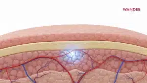 ภาพ 3D medical แสดงชั้นผิวและเครือข่ายหลอดเลือดบริเวณใบหน้า พร้อมจุดเลือดไปเลี้ยงลดลง เพื่ออธิบายภาวะฟิลเลอร์อุดตันเส้นเลือด