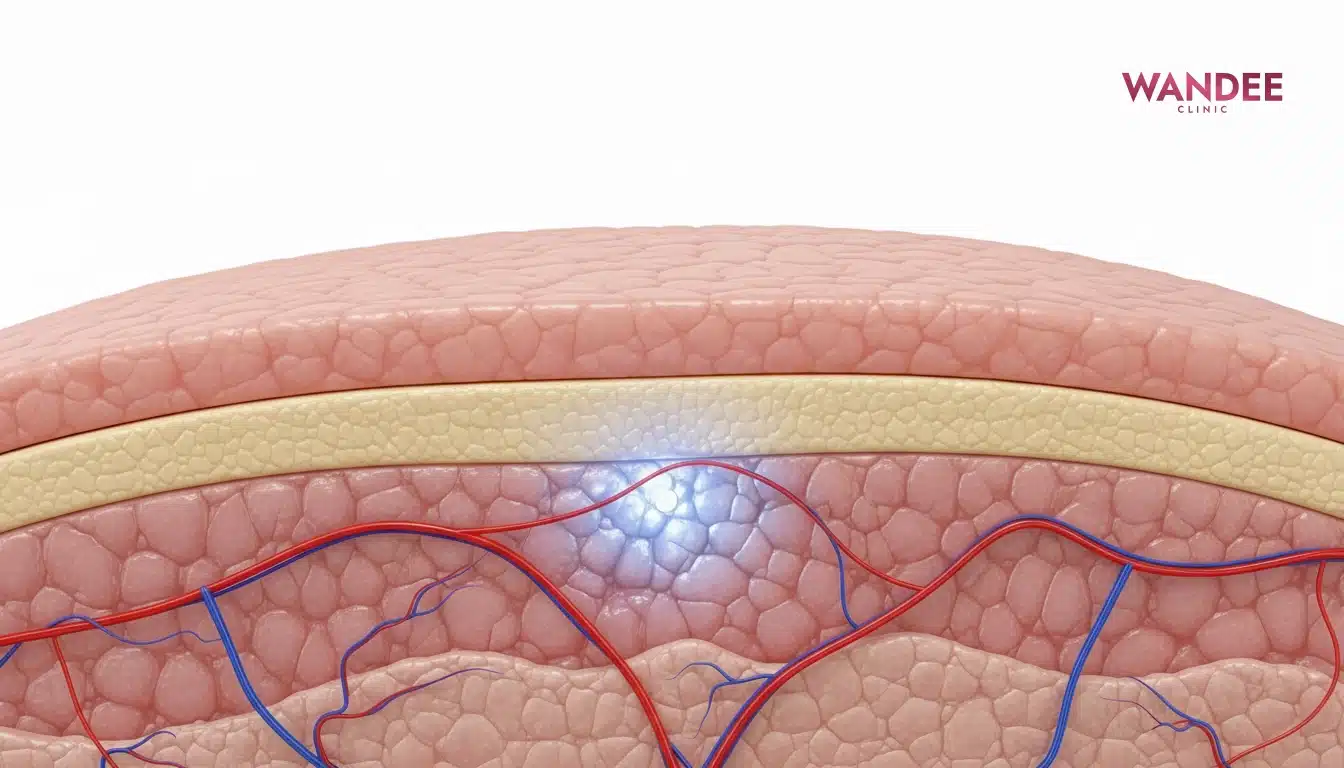 ภาพ 3D medical แสดงชั้นผิวและเครือข่ายหลอดเลือดบริเวณใบหน้า พร้อมจุดเลือดไปเลี้ยงลดลง เพื่ออธิบายภาวะฟิลเลอร์อุดตันเส้นเลือด