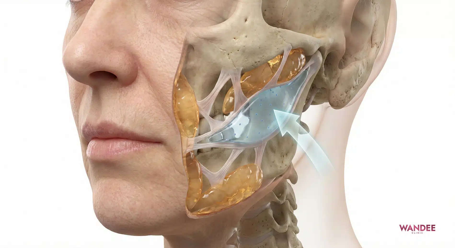 ภาพสามมิติแสดงโครงสร้างใบหน้าที่เปลี่ยนตามวัยพร้อมตำแหน่งฟิลเลอร์ในชั้นลึก