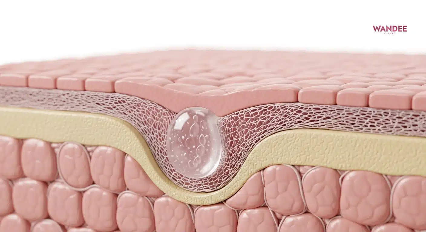 ภาพสื่อความสัมพันธ์ระหว่างเจลฟิลเลอร์และโครงข่ายคอลลาเจนใต้ผิวในมุมตัดชั้นผิว