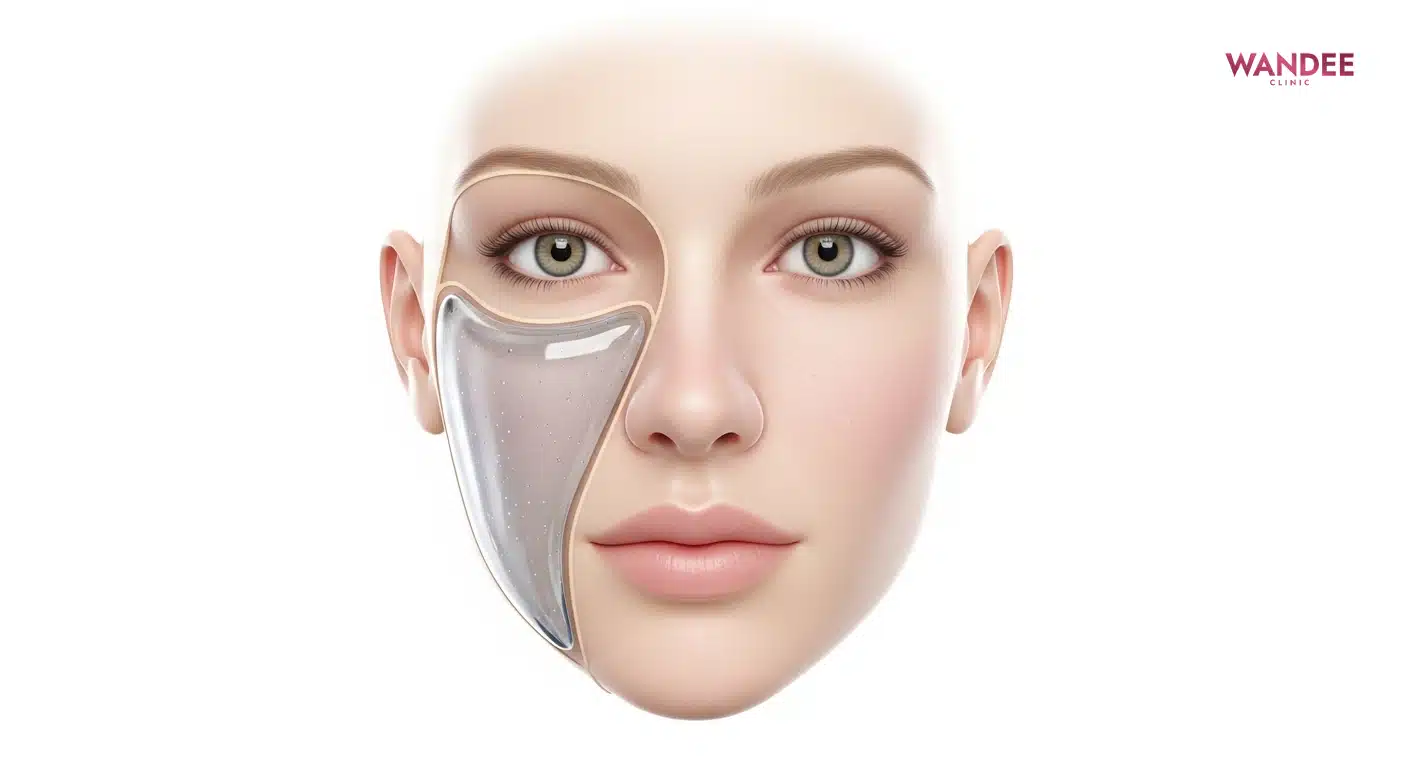 ภาพคอนเซ็ปต์ฟิลเลอร์ HA กระจายตัวใต้ผิวเป็นเจลโปร่งใสในชั้นเนื้อเยื่อ