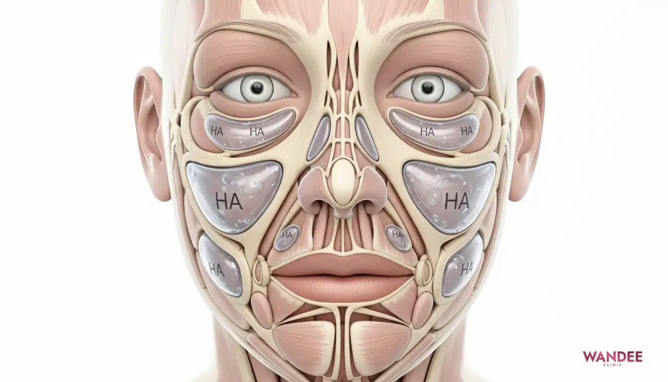 ใบหน้าพร้อมไฮไลต์ตำแหน่งที่ฟิลเลอร์ยุบเร็วจากชั้นที่ฉีดและการขยับ