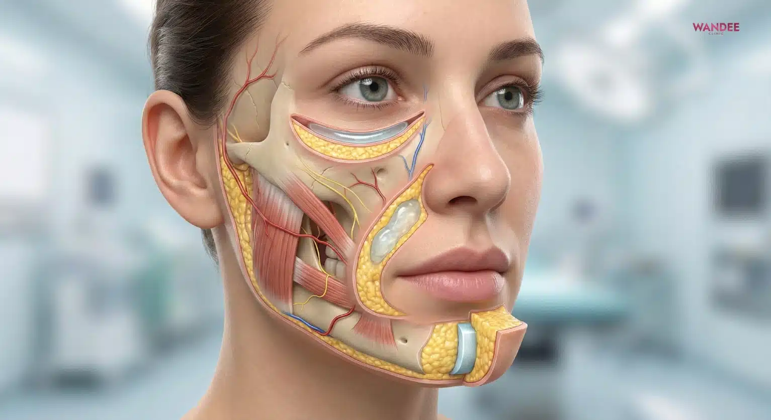 ภาพสามมิติเปรียบเทียบตำแหน่งฉีดฟิลเลอร์ ใต้ตา ร่องแก้ม และคาง แสดงความแตกต่างของชั้นผิวและการกระจายตัวของเจล