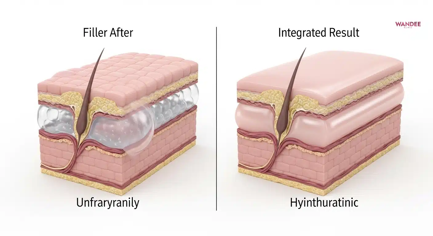 ภาพสามมิติแสดงฟิลเลอร์ใต้ผิวในช่วงเริ่มต้นและช่วงเข้าที่ เปรียบเทียบระดับอาการบวมและความเรียบของผิว