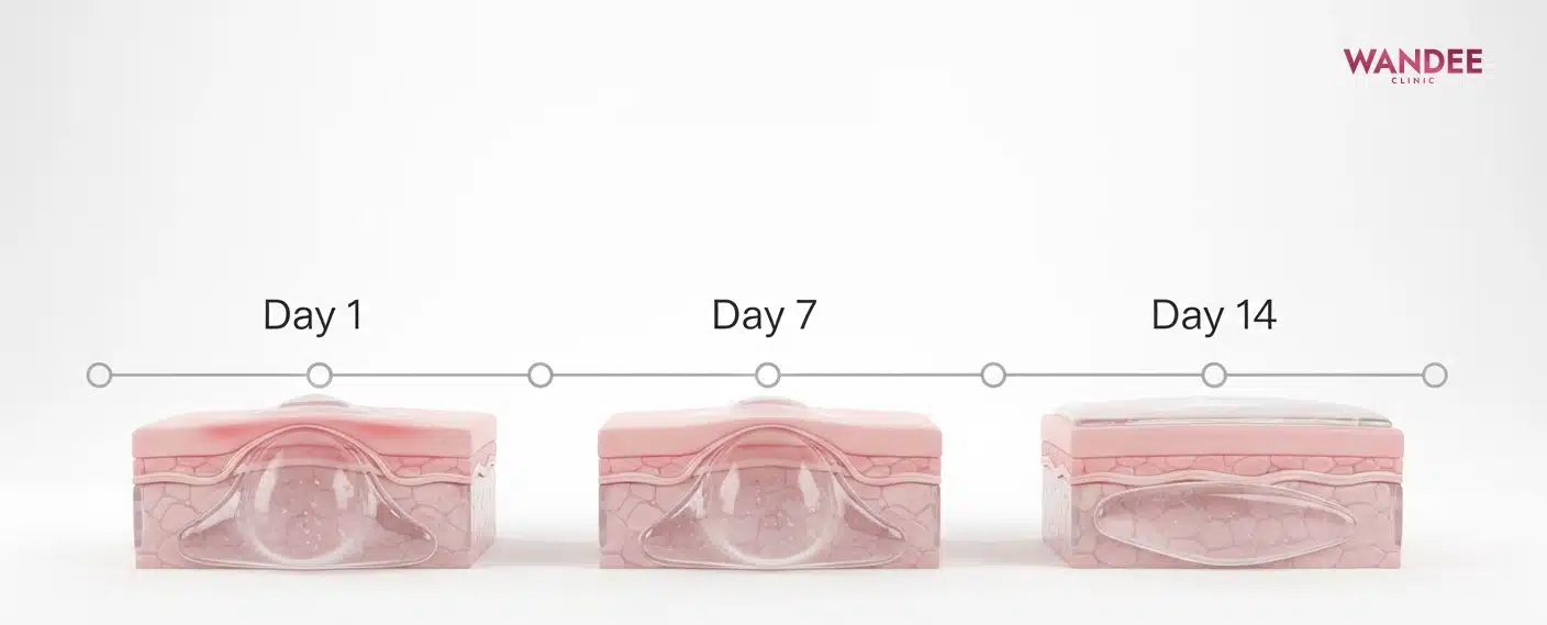 ภาพไทม์ไลน์การบวมและการเซ็ตตัวของฟิลเลอร์ช่วง 1–14 วัน