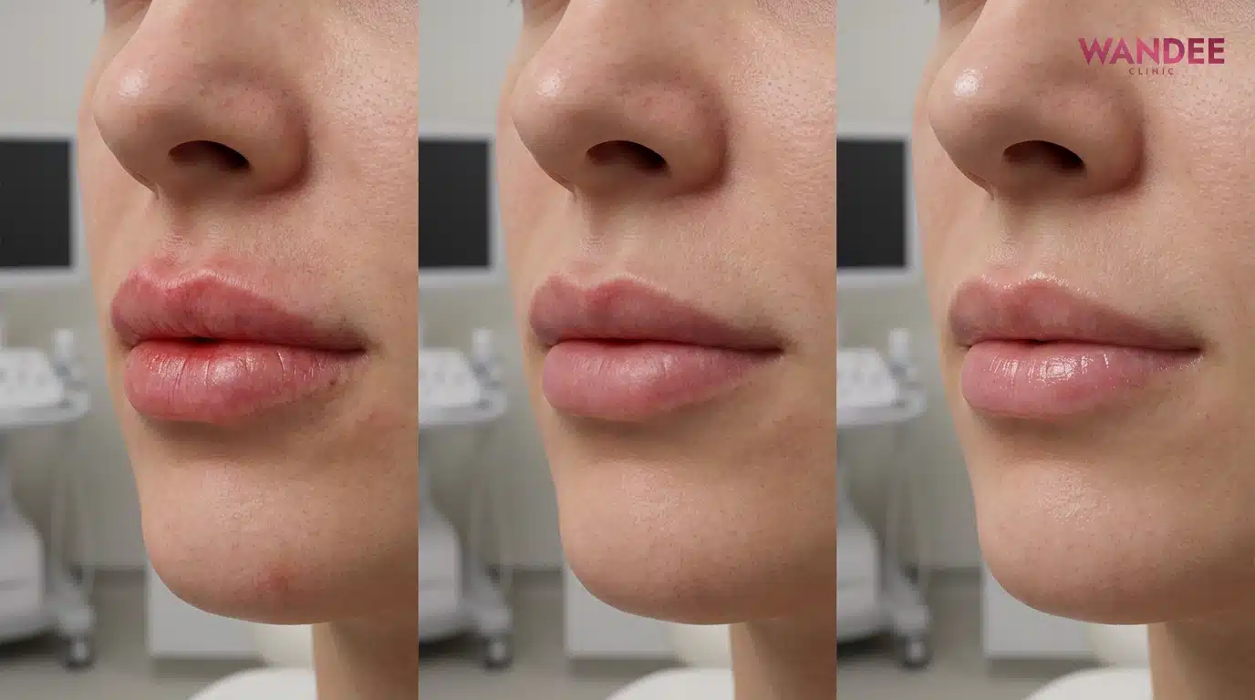 ภาพ 3D medical แสดงไทม์ไลน์ริมฝีปากหลังฉีดฟิลเลอร์ ตั้งแต่ระยะบวมเล็กน้อยจนถึงเข้าที่อย่างเป็นธรรมชาติ