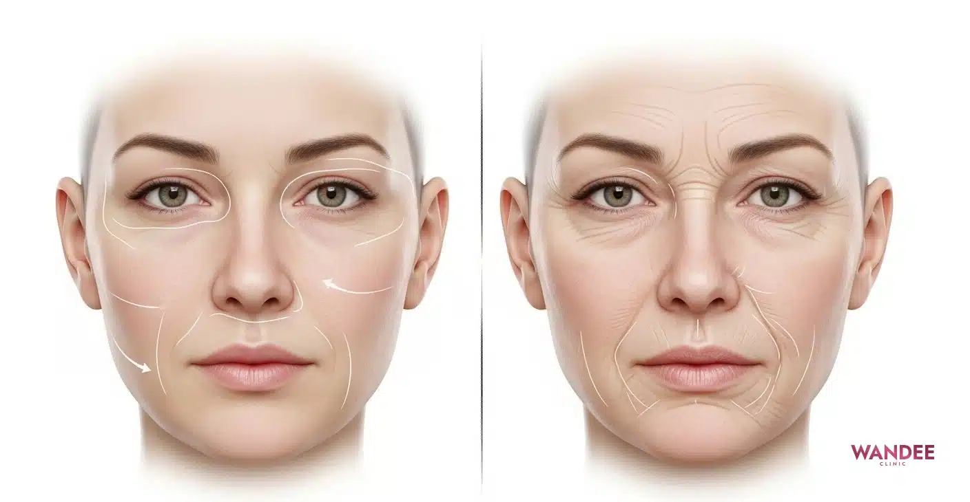 ภาพเปรียบเทียบใบหน้าก่อนและหลังอายุเพิ่ม แสดงการย้ายลงของปริมาตรบริเวณใต้ตา ร่องแก้ม และกรอบหน้า