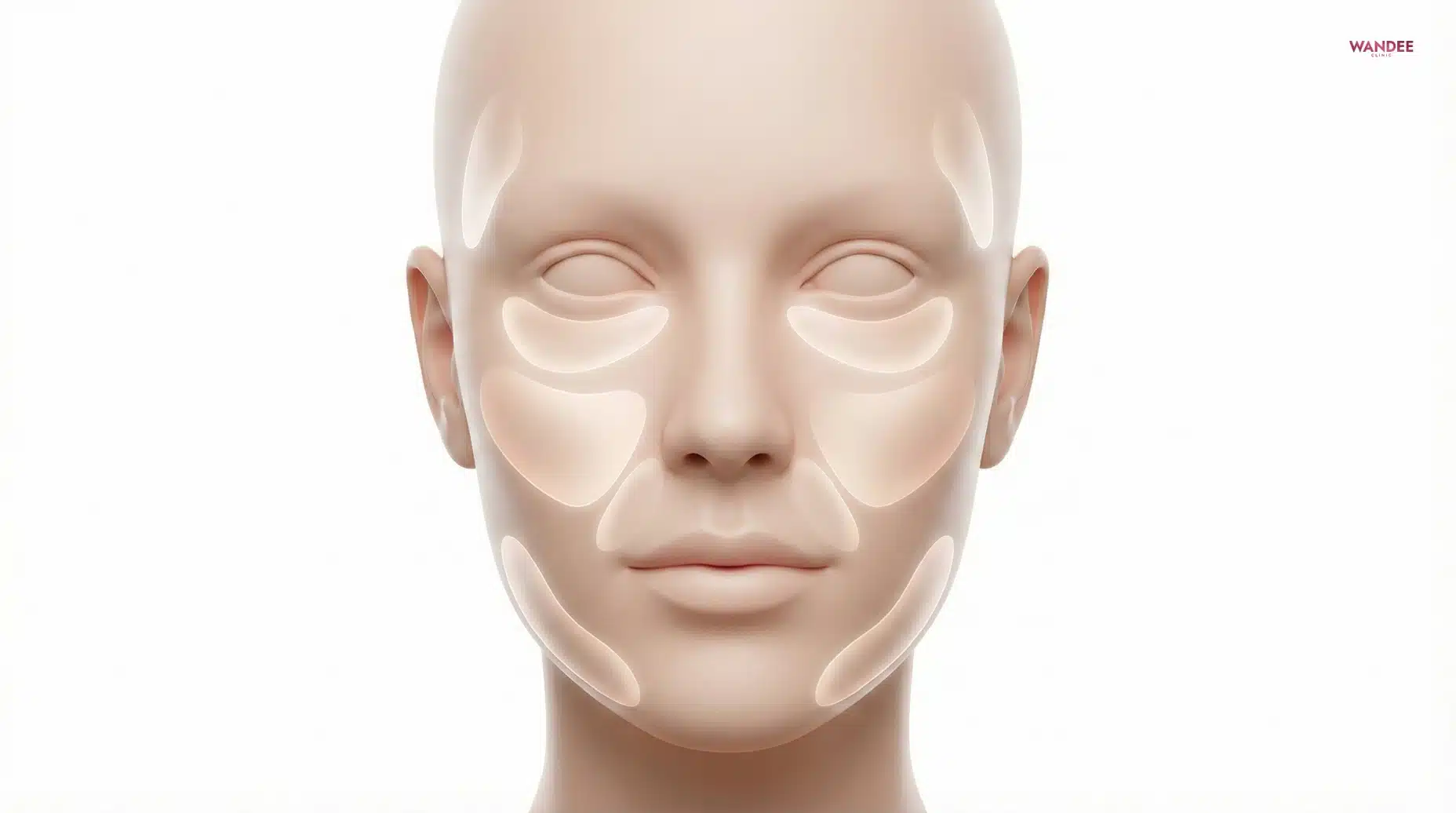 แผนภาพ 3 มิติแสดงตำแหน่งยอดนิยมที่ใช้ฟิลเลอร์ 1cc บนใบหน้าแบบเป็นธรรมชาติ