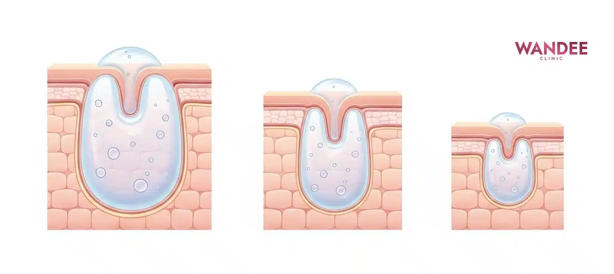 ภาพจำลองเจลฟิลเลอร์ค่อย ๆ ลดปริมาตรใต้ผิวอย่างเป็นธรรมชาติในหลายช่วงเวลา