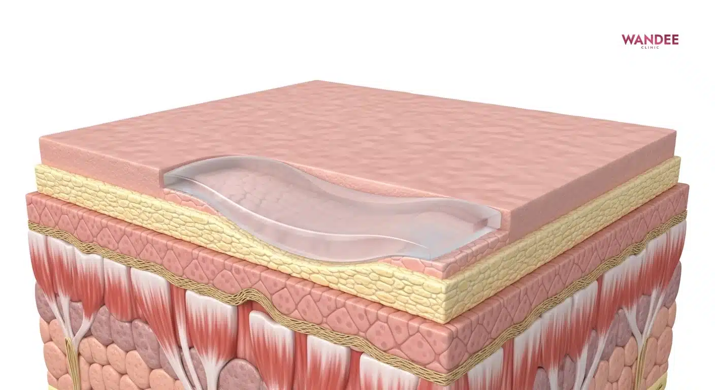 ภาพตัดชั้นผิวแสดงเจลฟิลเลอร์ HA เติมช่องว่างใต้ผิวเพื่อช่วยให้ผิวเรียบและดูเต็มขึ้น