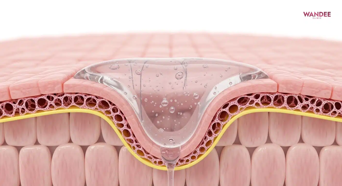 ภาพสามมิติแสดงเจล HA กลืนกับเนื้อเยื่อทำให้ผิวดูเรียบเนียน
