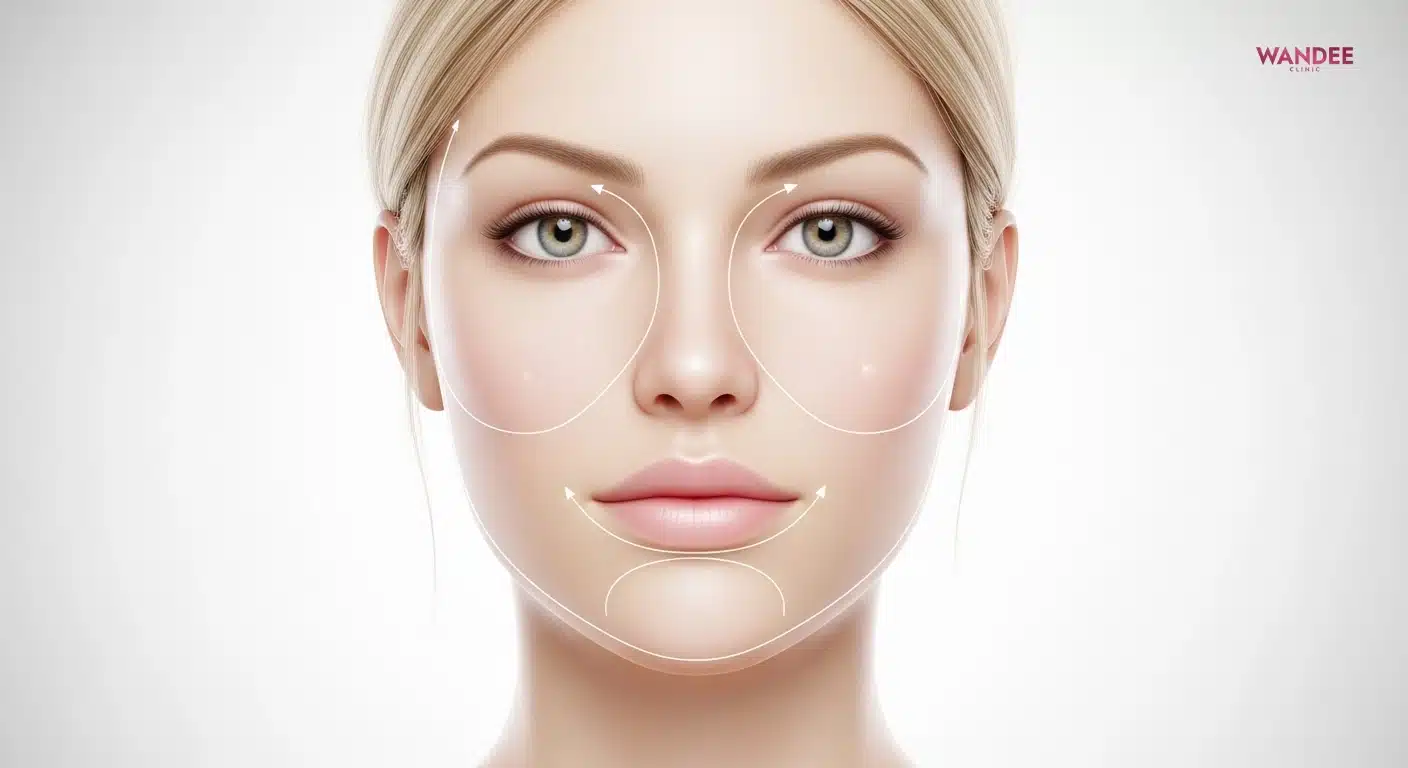 ภาพ 3D medical แสดงโครงสร้างกระดูกและชั้นเนื้อเยื่อบริเวณคาง ขมับ และกรอบหน้า เพื่ออธิบายตำแหน่งการวางฟิลเลอร์