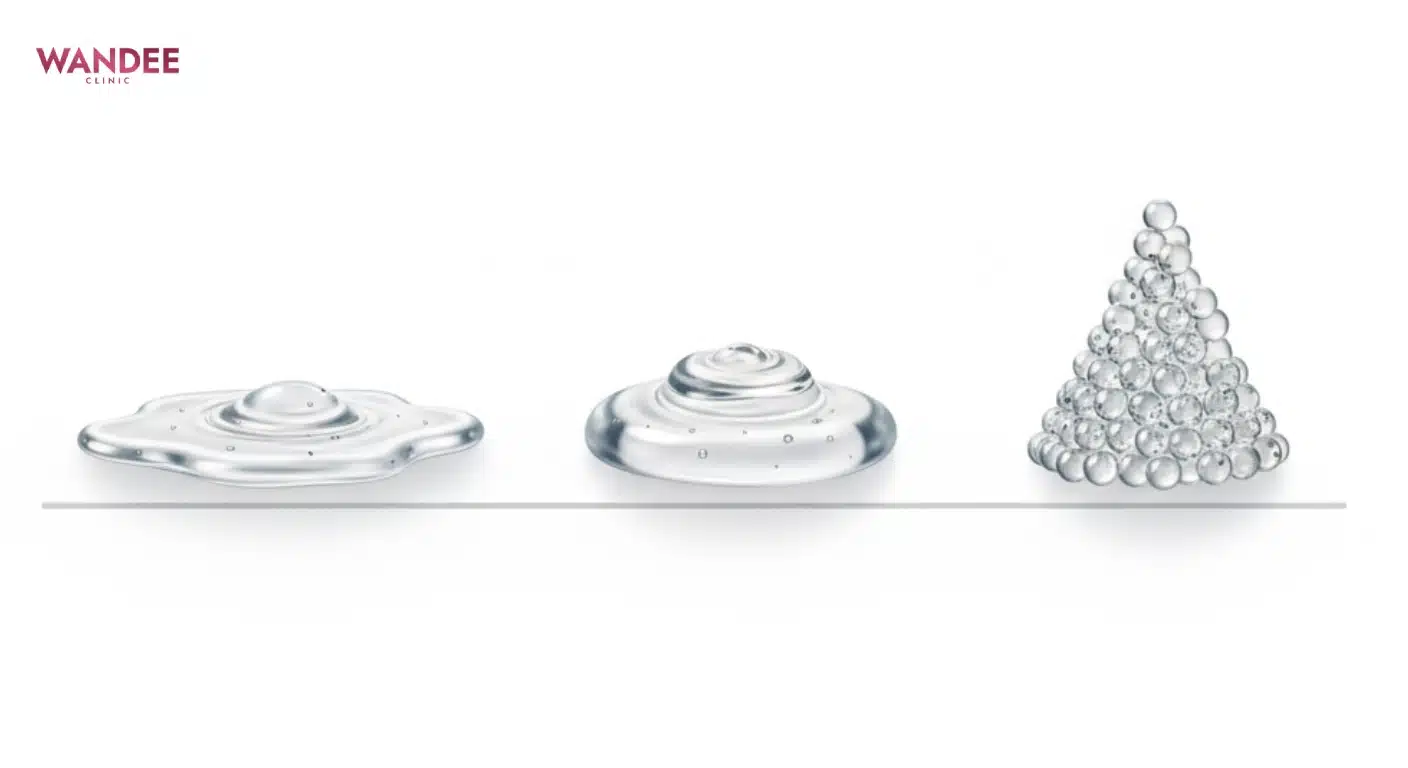 อินโฟกราฟิกสเกล 3 ระดับแสดงความนิ่มถึงความแน่นของฟิลเลอร์ด้วยรูปทรงเจล 3 แบบ เพื่ออธิบายผลของ cross-link