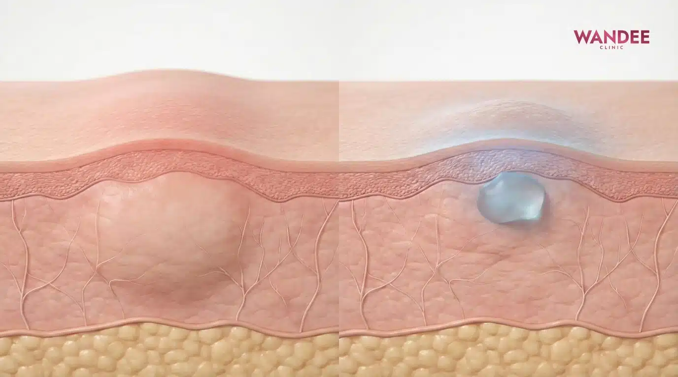ภาพ 3D เปรียบเทียบอาการบวมหลังฉีดกับก้อนฟิลเลอร์วางตื้นในผิวบาง