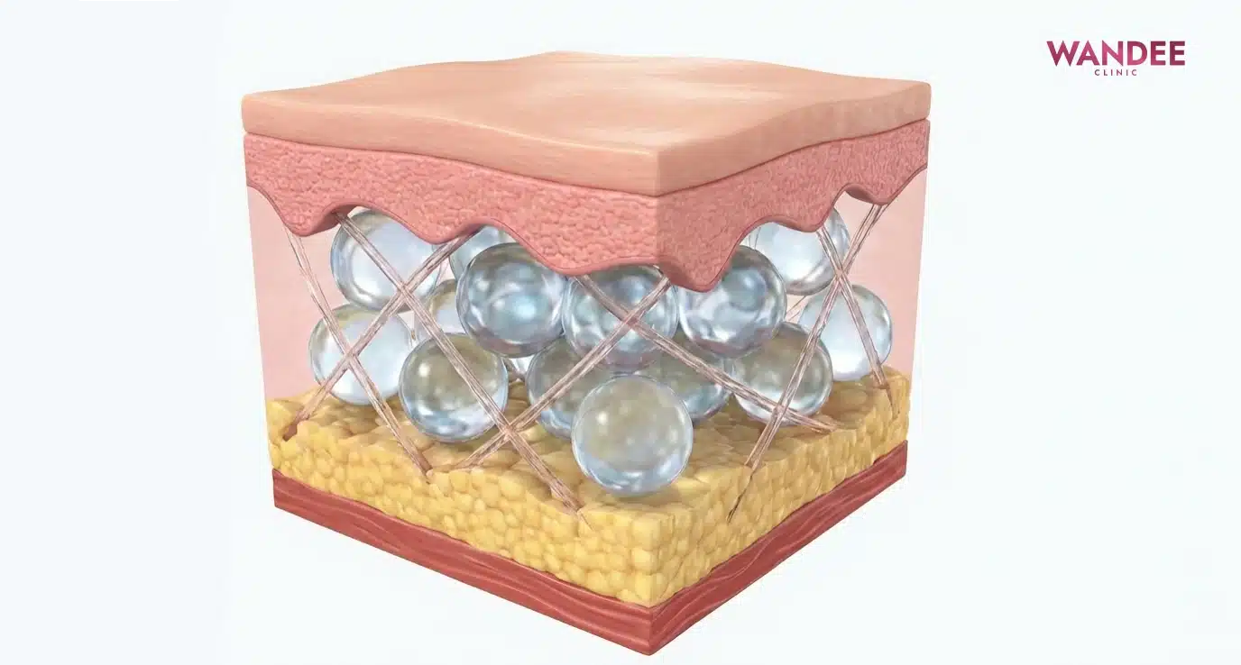 ภาพ 3D แสดงฟิลเลอร์ HA กลืนกับชั้นเนื้อเยื่ออย่างเป็นธรรมชาติในระดับที่เหมาะสม