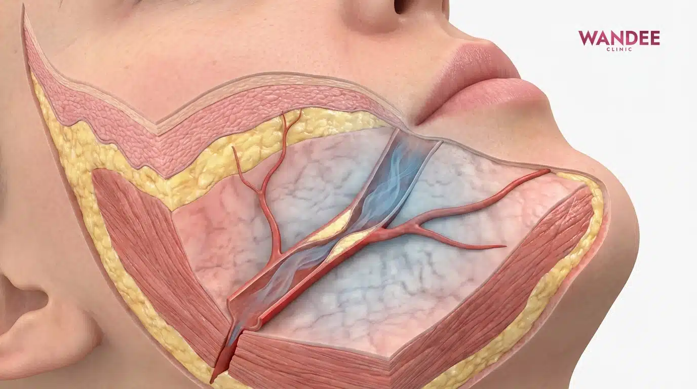ภาพ 3D medical แสดงเส้นเลือดที่ถูกลดการไหลเวียนในบริเวณฉีด พร้อมไล่เฉดสีผิวจากปกติไปซีด/คล้ำ เพื่ออธิบาย ischemia หลังฟิลเลอร์