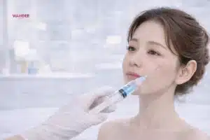 หญิงเอเชียกำลังรับการฉีดฟิลเลอร์ใต้ตาในห้องคลินิก โทนสะอาดสมจริง