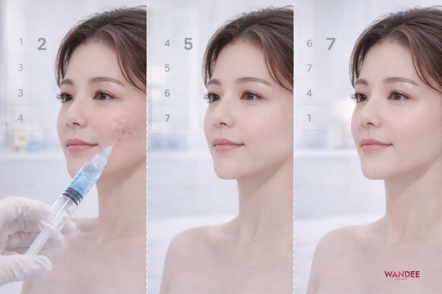 ภาพลำดับการเข้าที่ของฟิลเลอร์หลังฉีด แสดงช่วงบวมและทรงที่นิ่งขึ้นตามเวลา