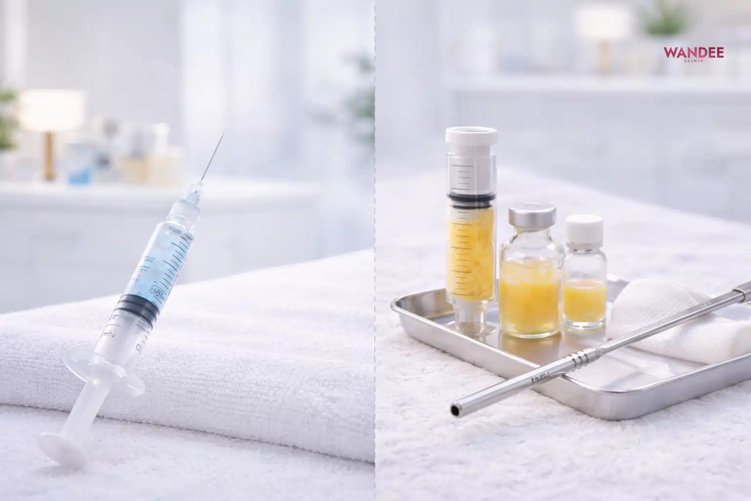 ภาพเปรียบเทียบอุปกรณ์ฟิลเลอร์กับชุดย้ายไขมันในห้องคลินิกความงาม