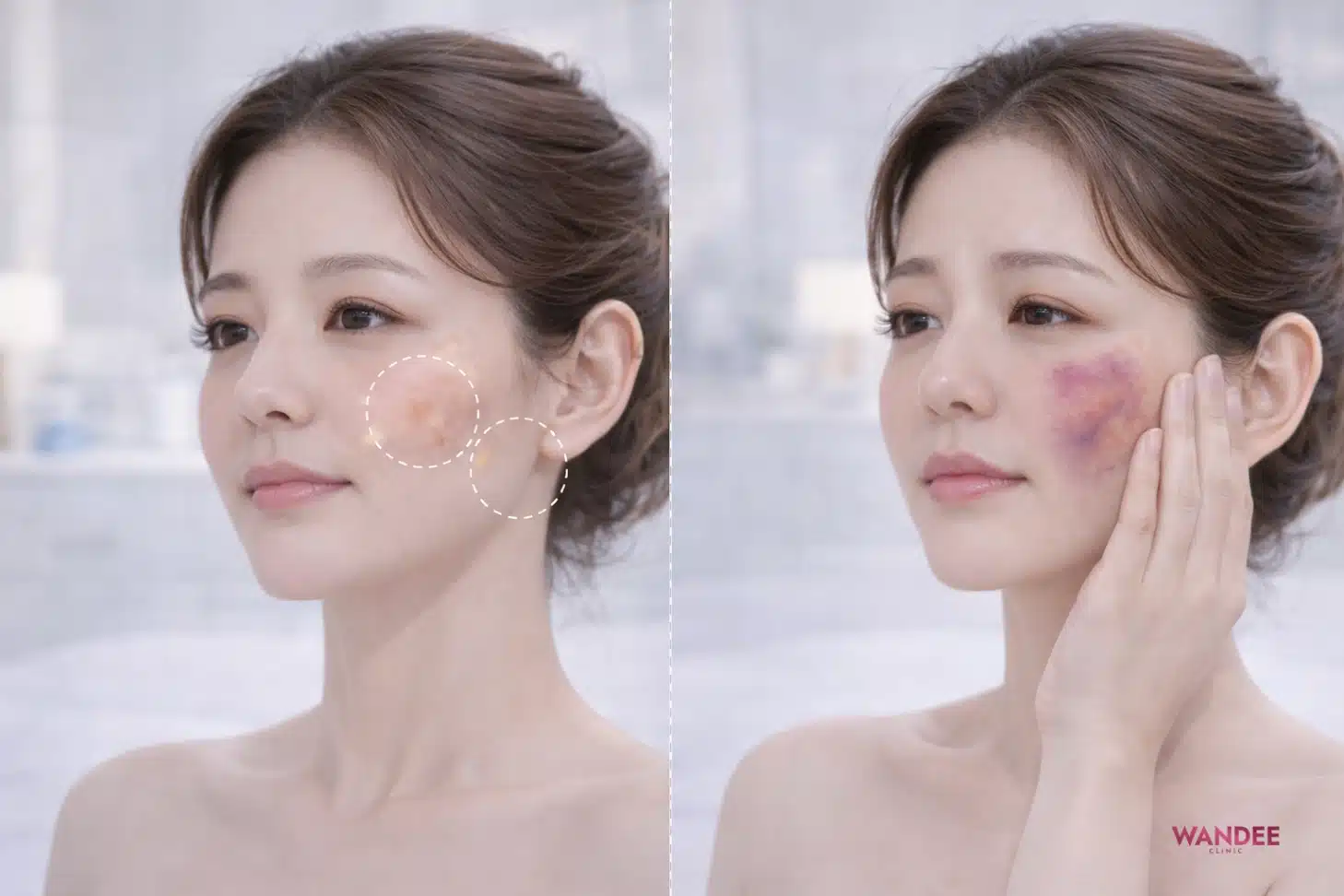 ภาพตัวอย่างอาการบวมและช้ำหลังเติมไขมันบริเวณแก้มในช่วงพักฟื้น