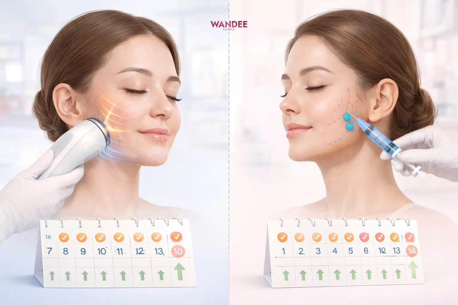 ภาพเปรียบเทียบไทม์ไลน์หลังทำเครื่องยกกระชับและฉีดฟิลเลอร์ แสดงช่วงรอ 7–14 วันก่อนทำหัตถการถัดไป