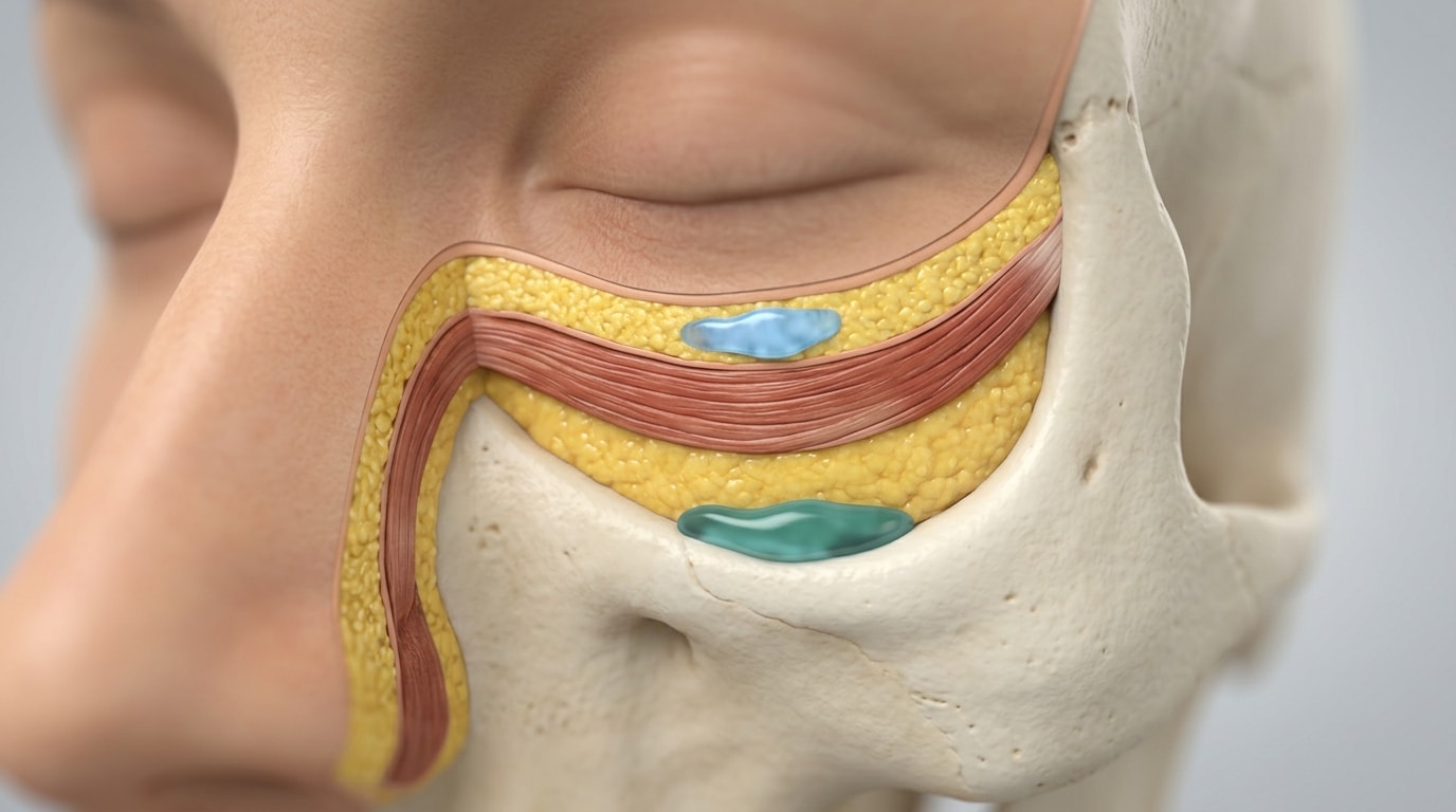 ภาพตัดขวางใต้ตาแสดงตำแหน่งวางฟิลเลอร์ตื้นเกินเทียบกับวางลึกพอดี เพื่อช่วยลดโอกาสเห็นสีเทาอมฟ้าและเป็นขอบ