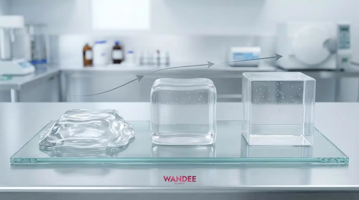 ภาพสื่อความแตกต่างของความพยุงของเนื้อฟิลเลอร์ (ค่า G’) จากนิ่มไปแข็ง เพื่อช่วยเลือกความพอดีสำหรับใต้ตา