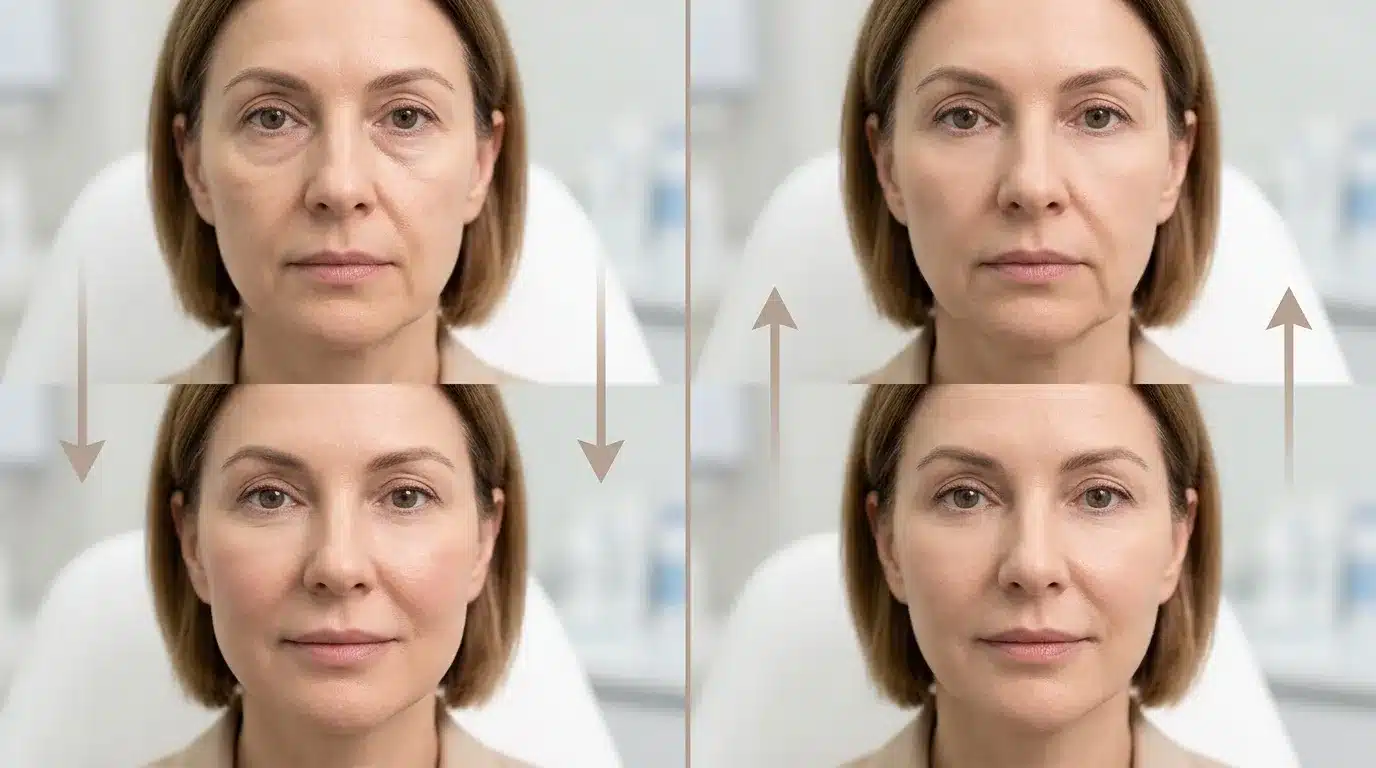 ภาพสื่อการเปลี่ยนแปลงของฟิลเลอร์ที่เพิ่มวอลลุ่มและร้อยไหมที่ช่วยยกผิว